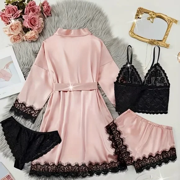 🥰4 Pc Pink and Black Lace Nighty Set🥰 - Picture 2 of 4